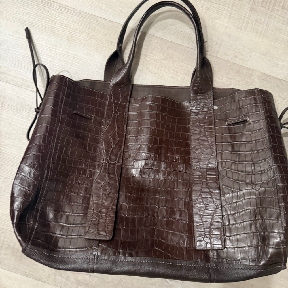 SCHUTZ Dark Brown Croc-Embossed Leather Tote